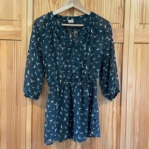 Mossimo Supply Co gauzy blue blouse with cream birds and fitted waist, size M